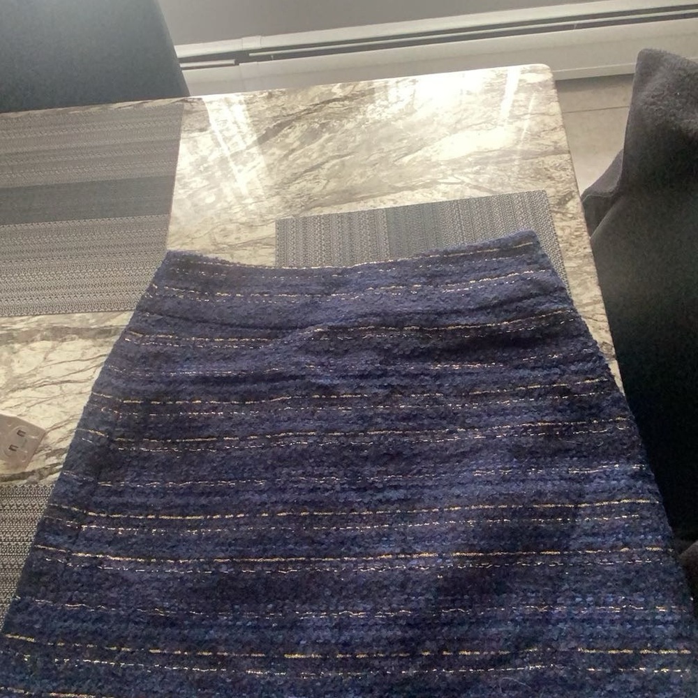 Ann Taylor Loft Skirt 0 Blue Metallic Gold Wool Tweed Knee Length Lined Zip